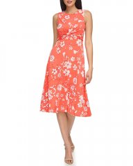 Vince Camuto Floral-Print Twist-Front Dress (Petite) Red ID-WYFA2789