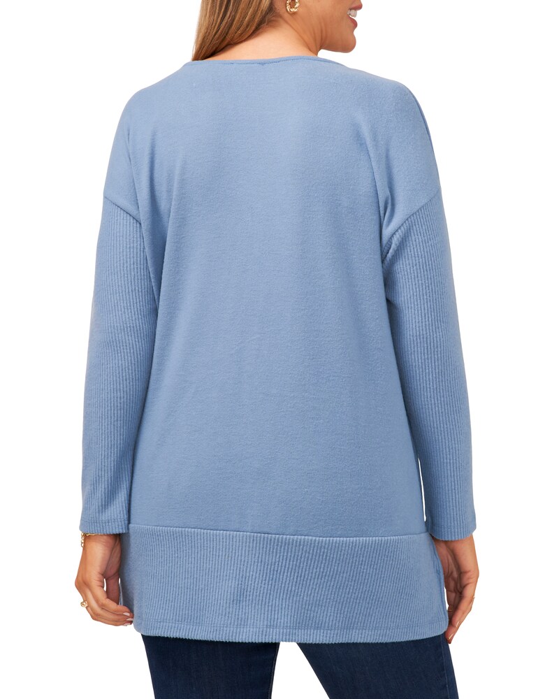 Vince Camuto Ribbed V-Neck Top (Plus Size) Canyon Blue ID-AACN9923
