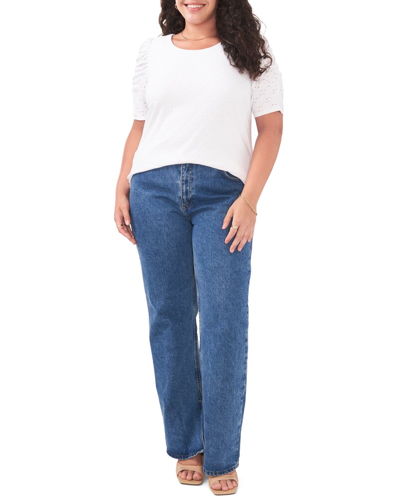 Vince Camuto Ruched-Sleeve Eyelet Top (Plus Size) Off White ID-BPSD2144