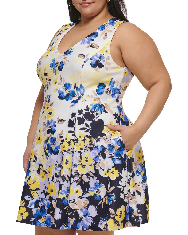 Vince Camuto Floral-Print Fit-And-Flare Dress (Plus Size) Blue ID-BXCP1331