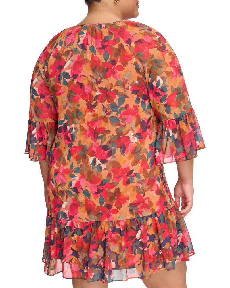 Vince Camuto Floral-Print Chiffon Ruffled Dress(Plus Size) Rust ID-CPJU6994