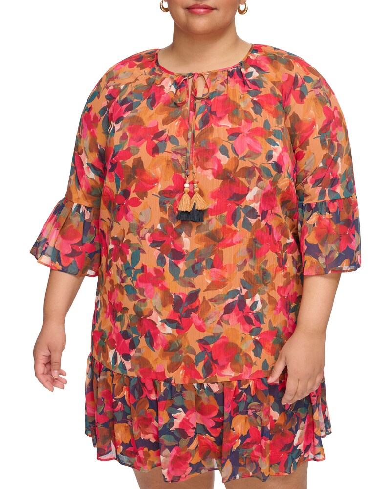 Vince Camuto Floral-Print Chiffon Ruffled Dress(Plus Size) Rust ID-CPJU6994