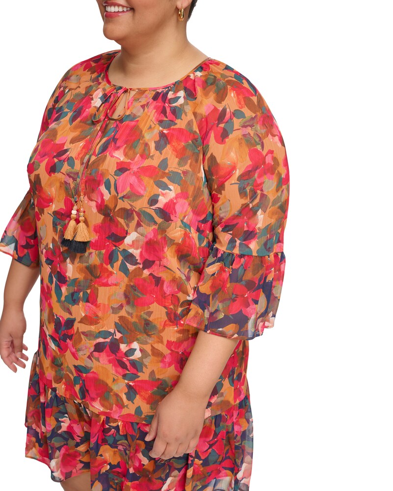 Vince Camuto Floral-Print Chiffon Ruffled Dress(Plus Size) Rust ID-CPJU6994