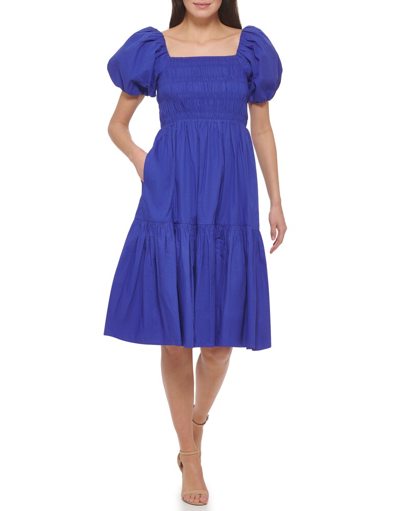 Vince Camuto Smocked Puff-Sleeve Midi Dress    Porcelain Blue ID-CQMH6080