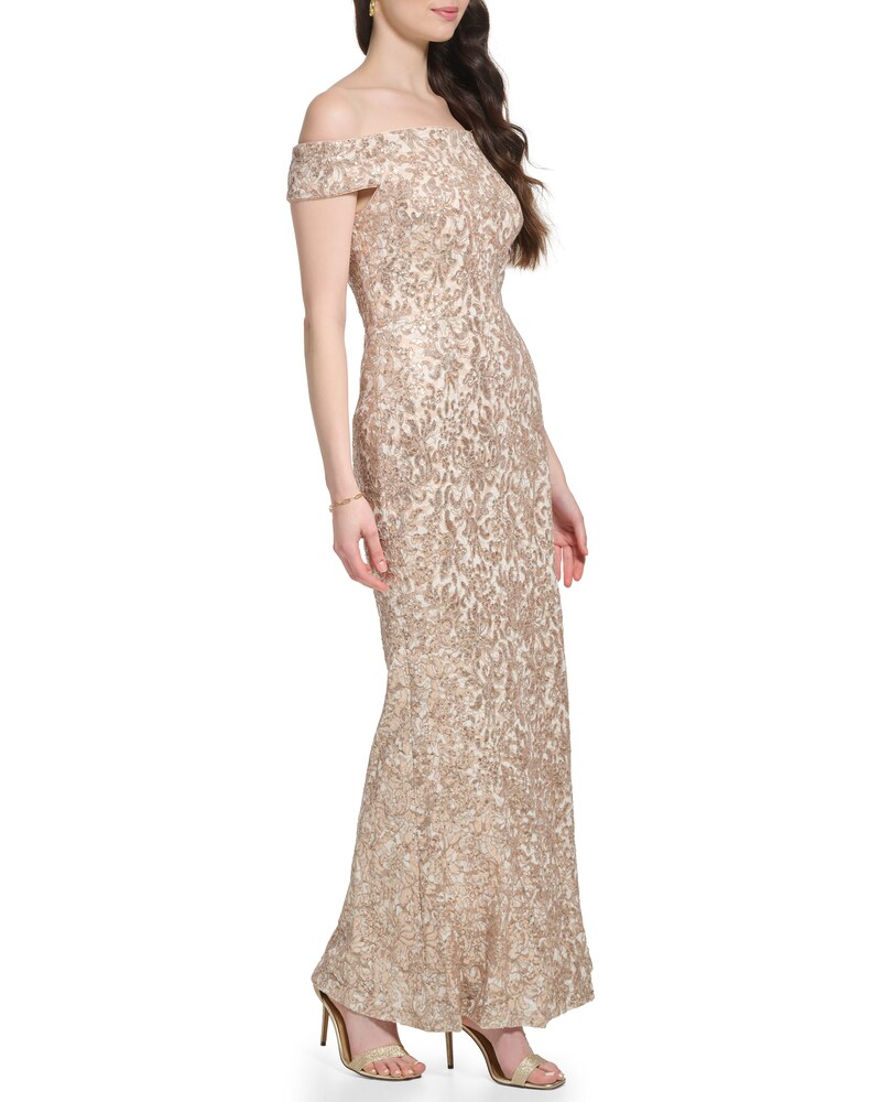 Vince Camuto Sequined-Lace Off-The-Shoulder Gown (Petite) Sand ID-DFDK0383