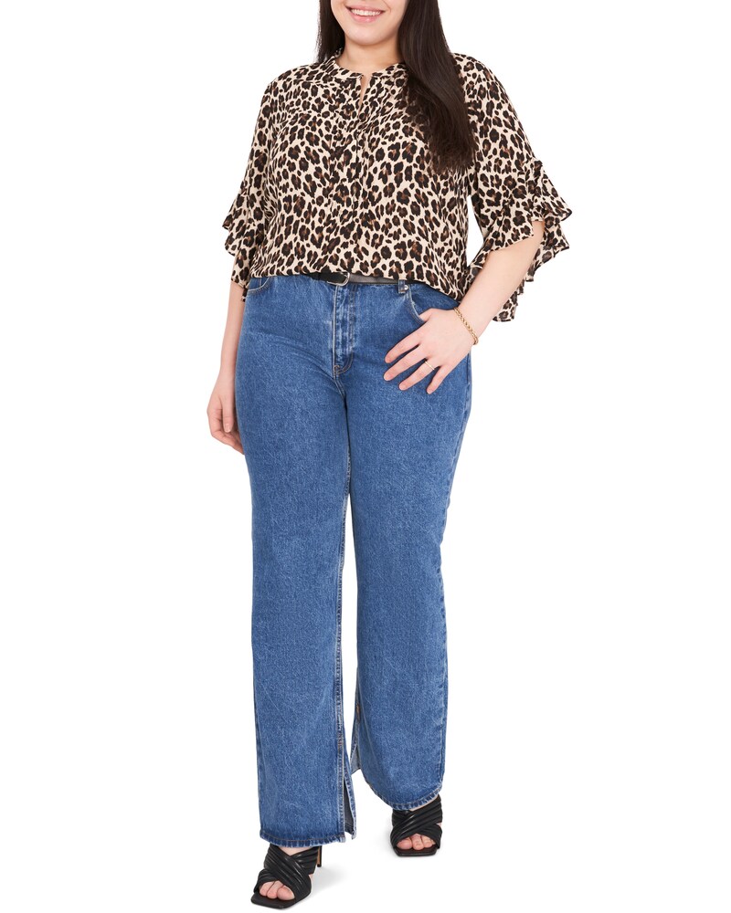 Vince Camuto Leopard-Print Ruffled-Sleeve Blouse (Plus Size) Rich Black ID-GGYN6820