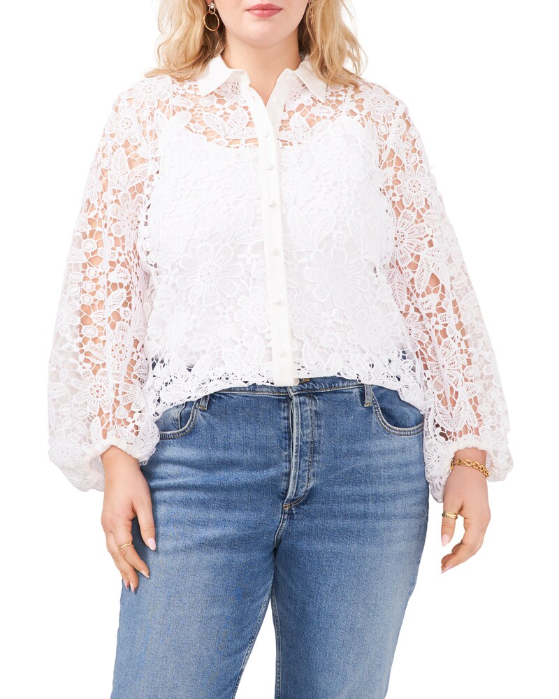 Vince Camuto Floral-Lace Shirt (Plus Size) Ultra White ID-HTWE2740