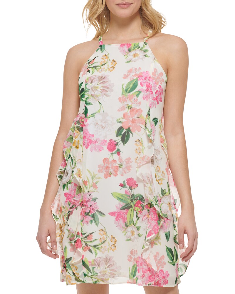 Vince Camuto Floral-Print Chiffon Ruffled Dress (Petite) Off White ID-IPNQ7626