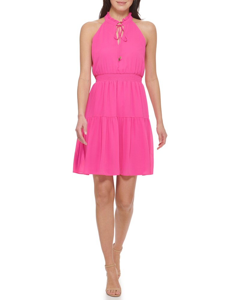 Vince Camuto Tiered Tie-Neck Dress Hot Pink ID-JHLQ4998