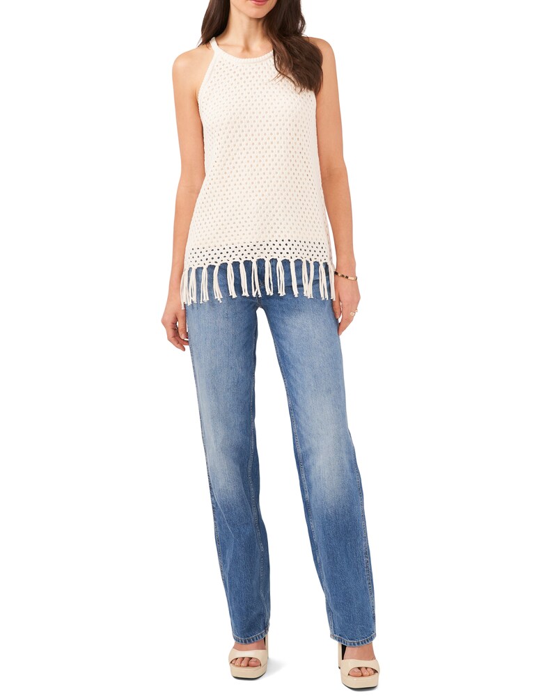 Vince Camuto Open-Knit Fringe-Hem Halter Top Cream ID-JKYX2472