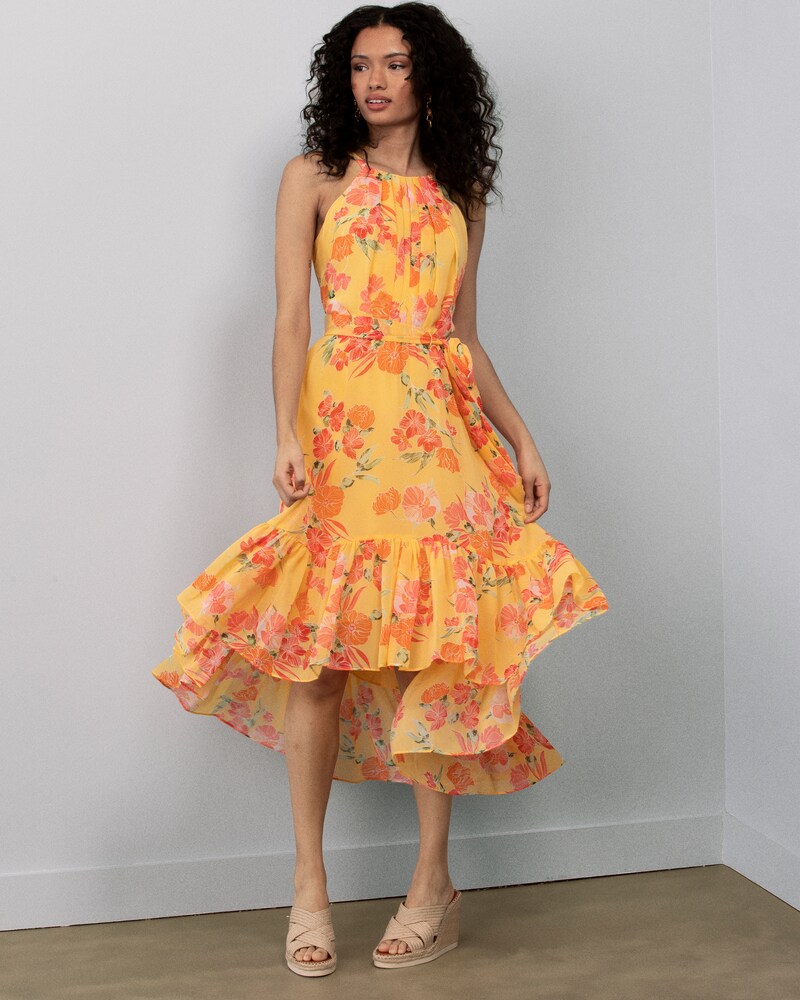 Vince Camuto Floral-Print Hi-Lo Dress Yellow ID-KMNF1127