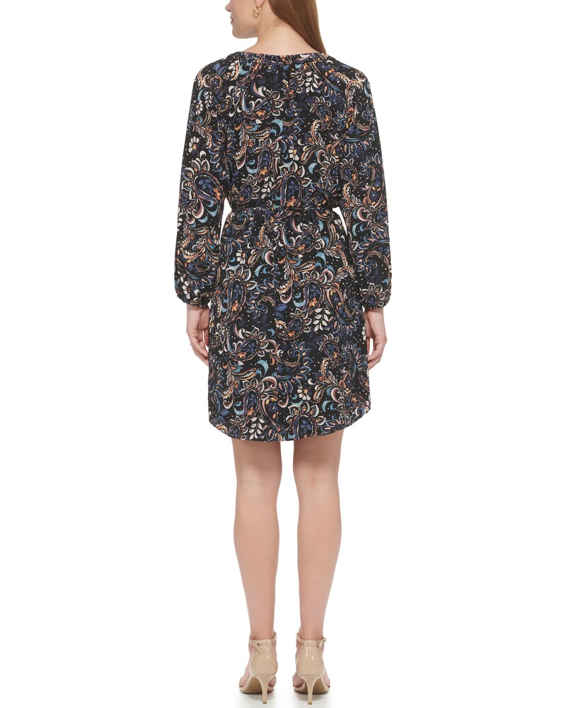 Vince Camuto Paisley-Print Tie-Waist Shift Charcoal ID-KUXP5077