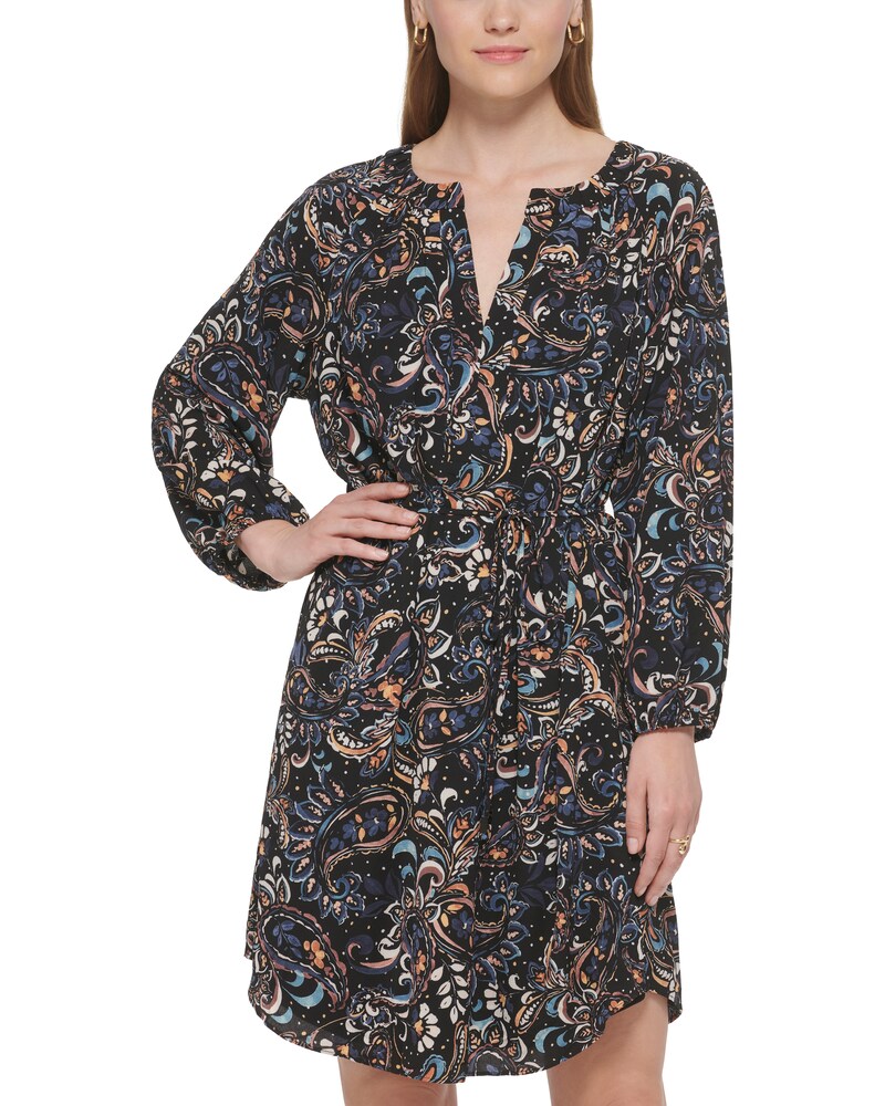 Vince Camuto Paisley-Print Tie-Waist Shift Charcoal ID-KUXP5077