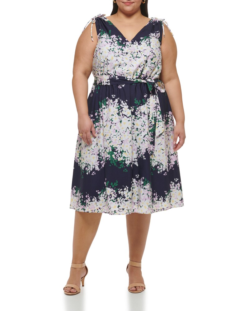 Vince Camuto Floral-Print V-Neck Midi Dress (Plus Size) Blue ID-MFYP5167