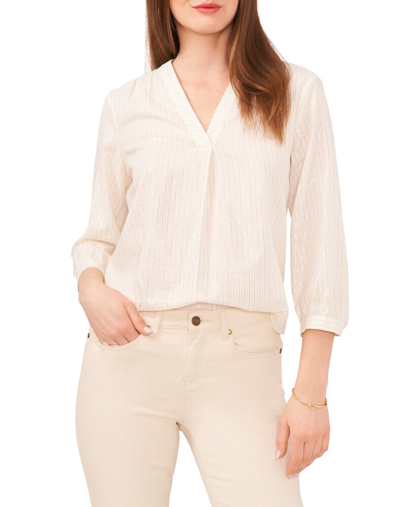 Vince Camuto Striped V-Neck Blouse Off White ID-NFJR3763
