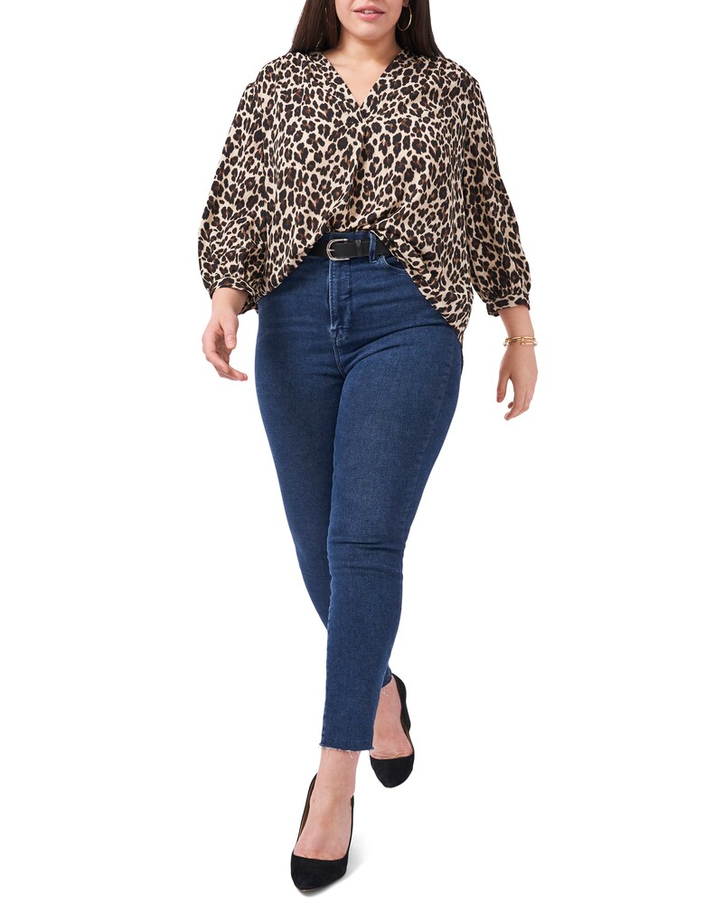 Vince Camuto Leopard-Print V-Neck Top (Plus Size) Rich Black ID-OGHC0971