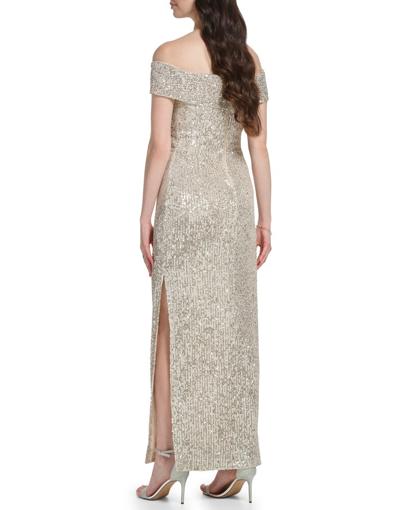 Vince Camuto Sequined Off-The-Shoulder Gown Silver Metallic ID-RAKM2826