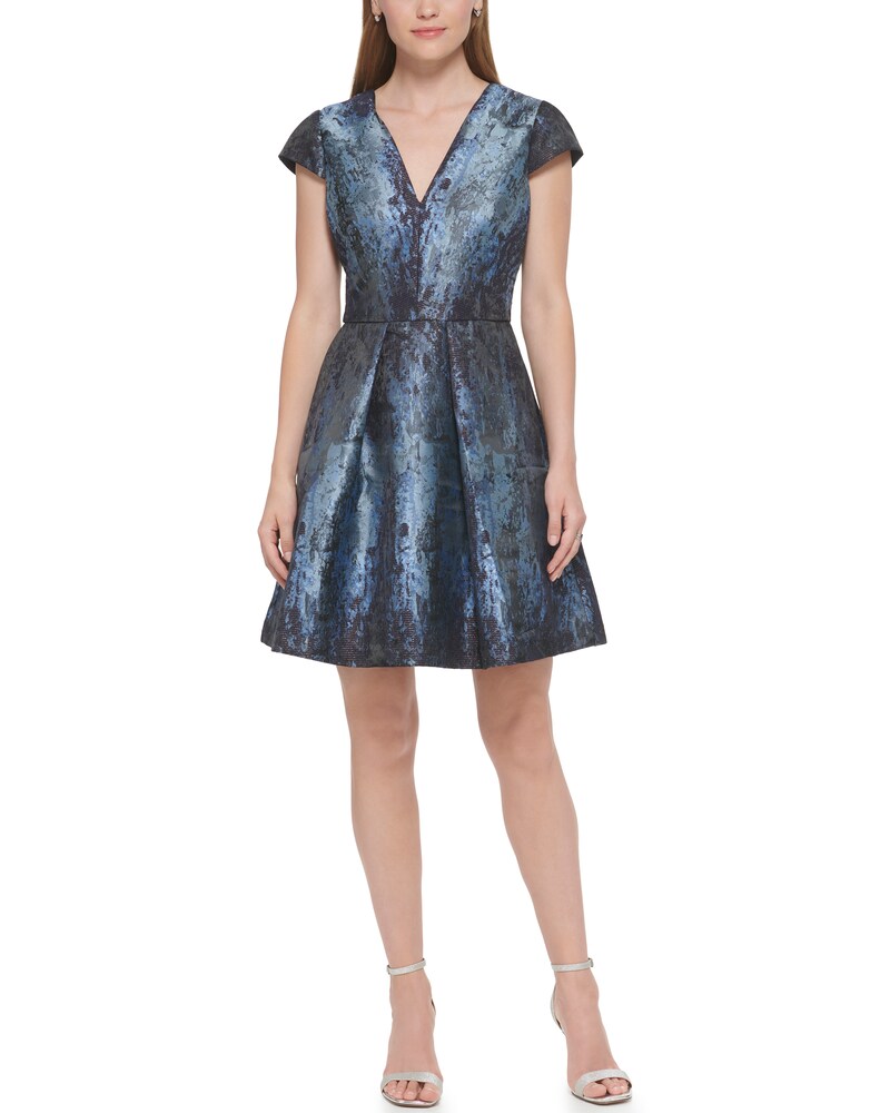 Vince Camuto Jacquard Cap-Sleeve Fit-And-Flare Dress Blue ID-RLXK2386
