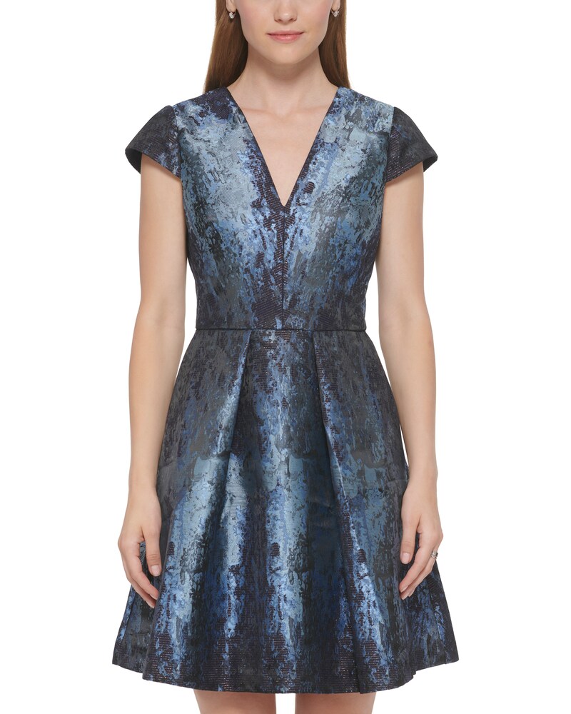 Vince Camuto Jacquard Cap-Sleeve Fit-And-Flare Dress Blue ID-RLXK2386