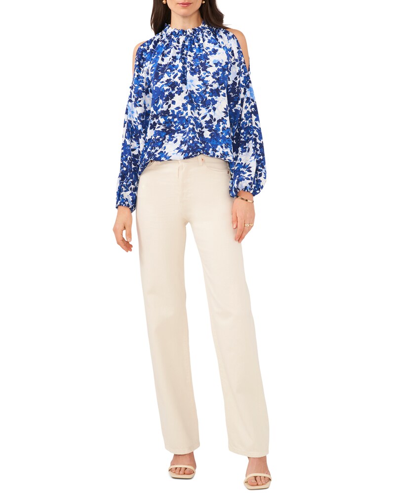 Vince Camuto Leaf-Print Cold-Shoulder Blouse Opulent Blue ID-SFRL4789