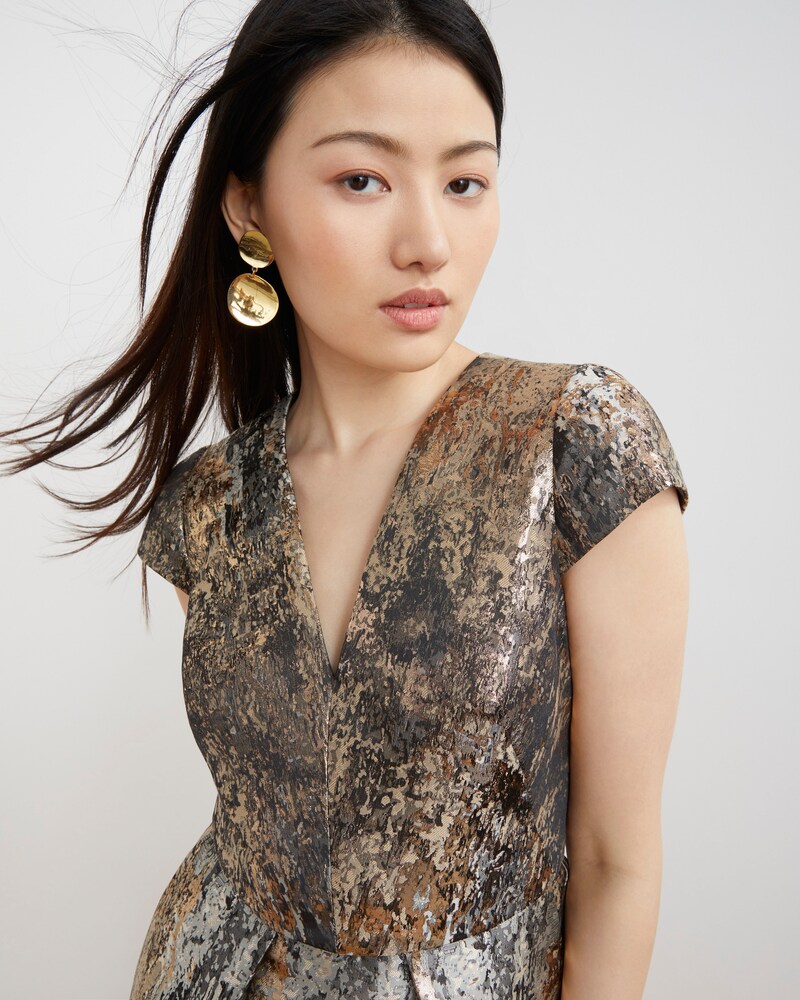 Vince Camuto Jacquard Cap-Sleeve Dress Silver Metallic ID-SWWE3978