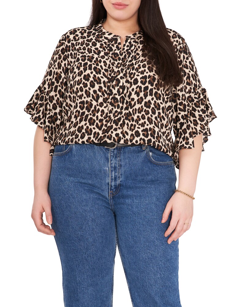 Vince Camuto Leopard-Print Ruffled-Sleeve Blouse (Plus Size) Rich Black ID-TCPO3489