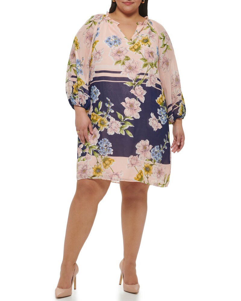 Vince Camuto Floral-Print Chiffon Dress (Plus Size) Blush ID-URQR1644