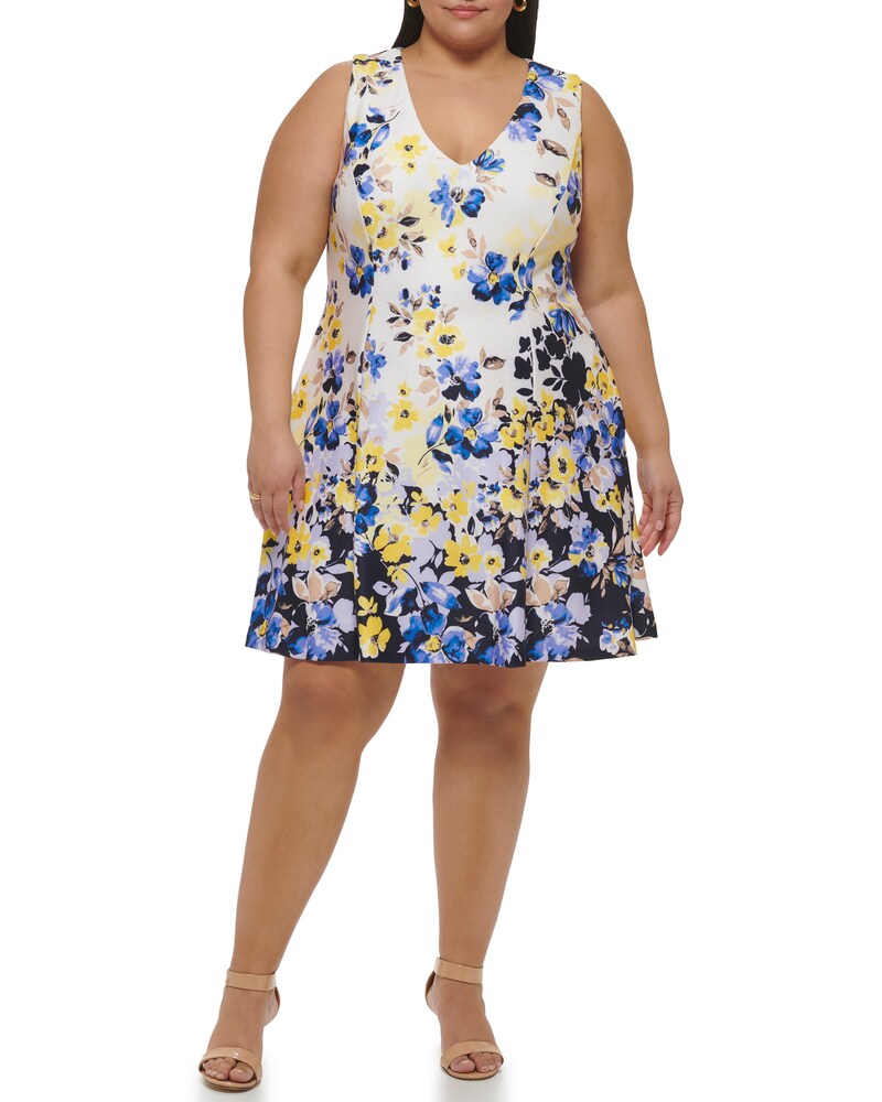 Vince Camuto Floral-Print Fit-And-Flare Dress (Plus Size) Blue ID-VEWM4334