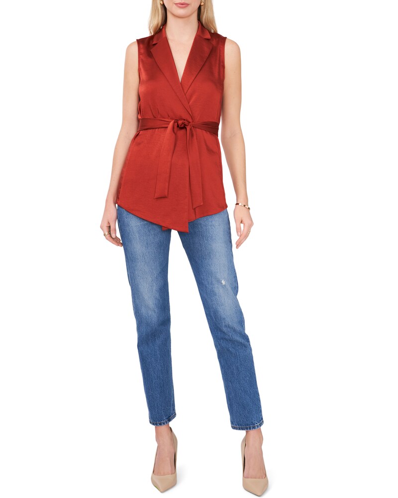 Vince Camuto Belted Notch-Lapel Vest Chili Oil ID-VRYT0678