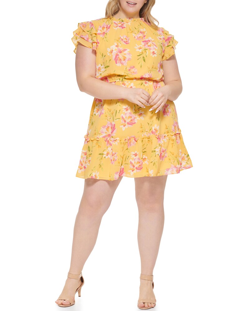 Vince Camuto Floral-Print Ruffled Dress (Plus Size) Yellow ID-VTCG4828