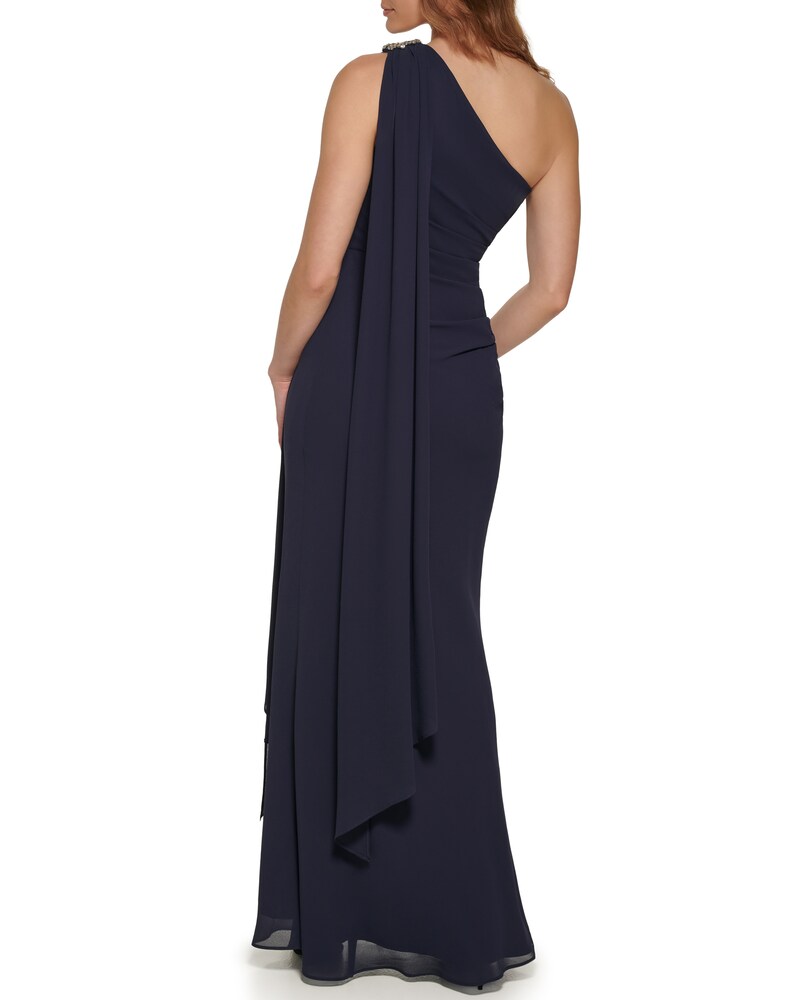 Vince Camuto One-Shoulder Scarf-Detail Gown Navy ID-VVSL7185