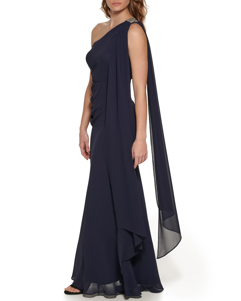 Vince Camuto One-Shoulder Scarf-Detail Gown Navy ID-VVSL7185