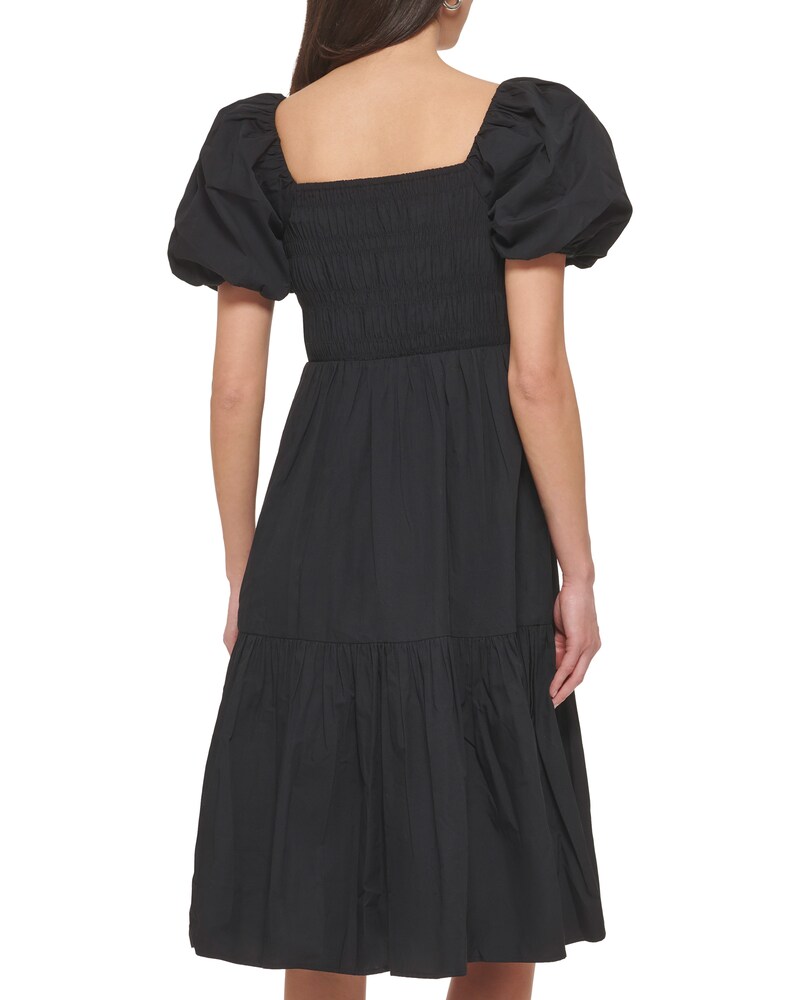 Vince Camuto Smocked Puff-Sleeve Midi Dress    Black ID-VVUJ7499