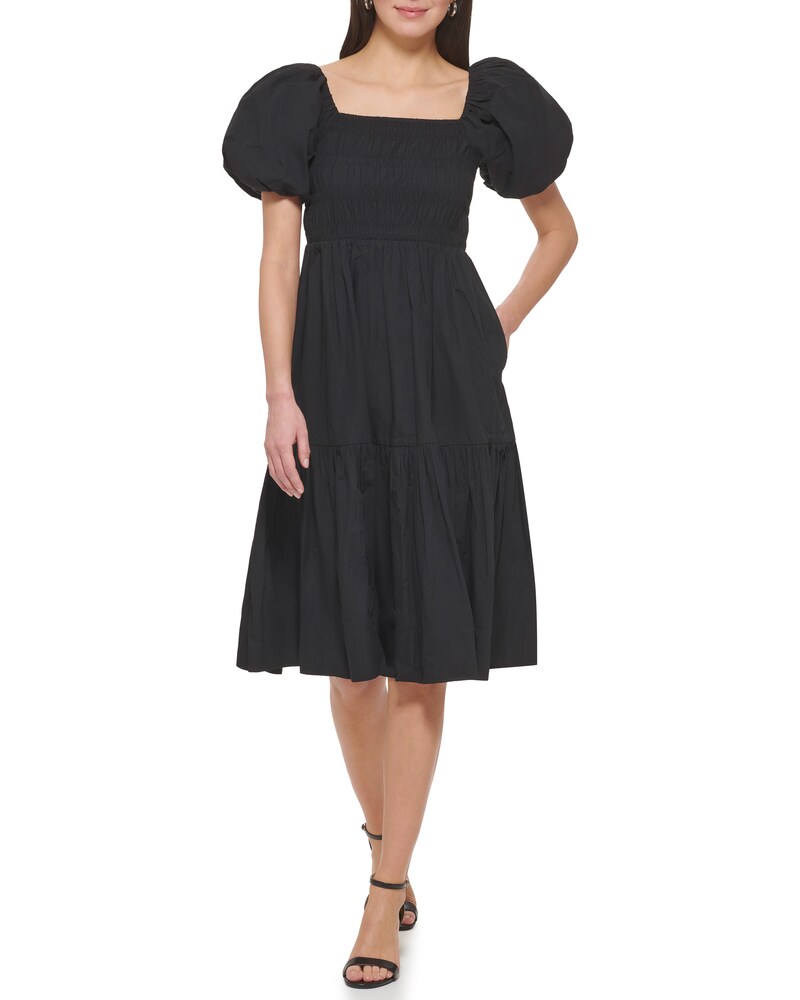 Vince Camuto Smocked Puff-Sleeve Midi Dress    Black ID-VVUJ7499